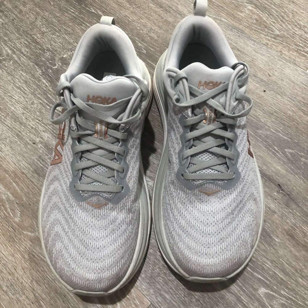 Hoka Women's Light Gray and Pale Pink Running Shoes - Picture 2 of 16